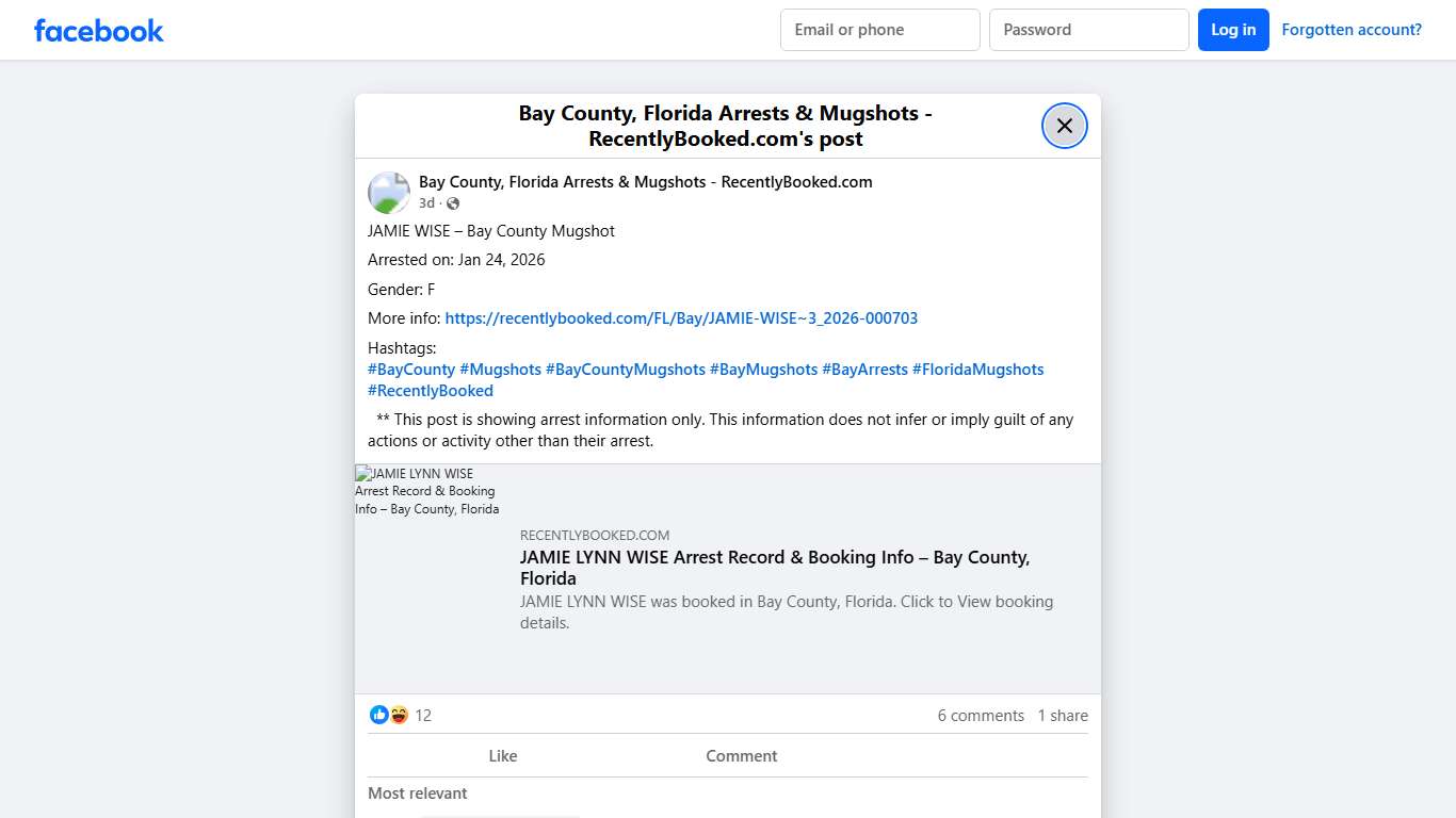 JAMIE WISE – Bay County Mugshot Arrested on: Jan 24, 2026 Gender: F More info: https://recentlybooked.com/FL/Bay/JAMIE-WISE~3_2026-000703 Hashtags: #BayCounty #Mugshots #BayCountyMugshots #BayMugshots #BayArrests #FloridaMugshots #RecentlyBooked ** This post is showing arrest information only. This information does not infer or imply guilt of any actions or activity other than their... - Bay County, Florida Arrests & Mugshots - RecentlyBooked.com Facebook